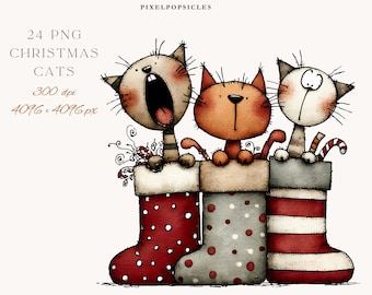 Whimsical Christmas Cats Watercolor Clipart: High-Res PNGs (Digital Download 1#