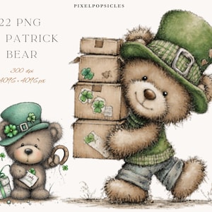 May include: Illustration of two teddy bears celebrating St. Patrick's Day. One bear wears a green hat and carries boxes with shamrock decorations. The other bear holds a gift and a horseshoe. The image includes the text "22 PNG St Patrick Bear".