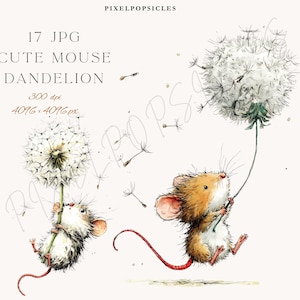 May include: Watercolor illustration featuring two adorable mice holding onto dandelion stems. One mouse is brown and white, the other is brown. The image includes the text "CUTE MOUSE DANDELION" and "PIXELPOPSICLES".