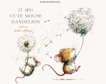 Watercolor Mouse Dandelion Clipart Bundle | 17 Sweet Animal Illustrations JPG Images Digital Download
