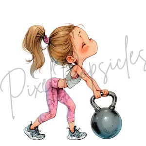 May include: A cartoon illustration of a person lifting a black kettlebell. The person is wearing pink and white athletic wear and has brown hair.