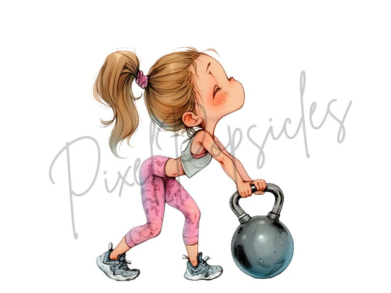 May include: A cartoon illustration of a person lifting a black kettlebell. The person is wearing pink and white athletic wear and has brown hair.