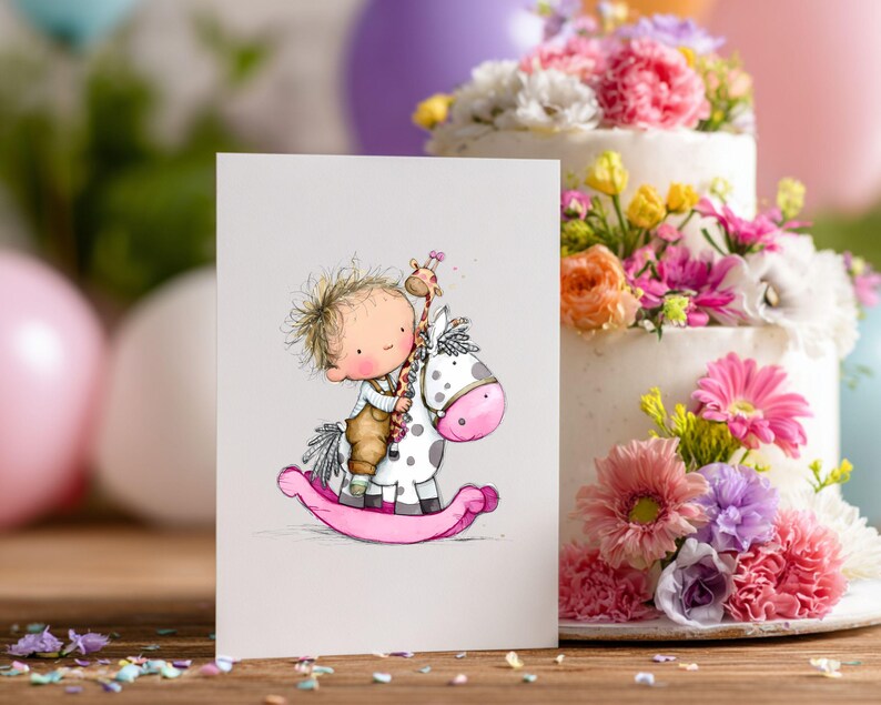 May include: A greeting card featuring a whimsical illustration of a child riding a rocking horse with a giraffe. The rocking horse is white with pink accents. A multi-tiered cake decorated with colorful flowers is in the background.