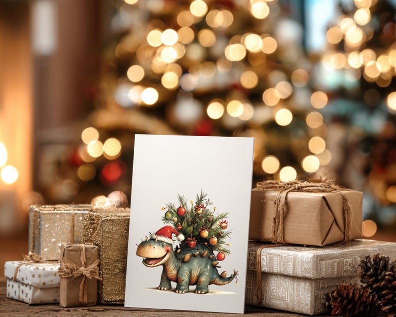 May include: A Christmas card featuring a cartoon dinosaur wearing a Santa hat and carrying a decorated Christmas tree on its back. The card is set against a backdrop of wrapped gifts and a blurred Christmas tree with warm lights.