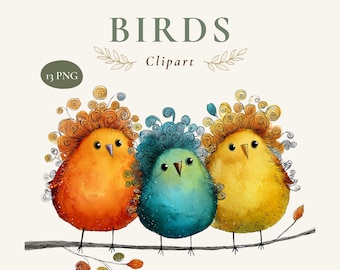 Garden Bird Clipart, 13 Colorful Watercolor PNGs