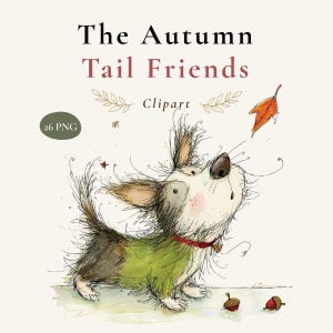 May include: A digital illustration titled The Autumn Tail Friends Clipart featuring a shaggy dog with black and white fur wearing a green sweater and a red collar, looking up at a falling orange leaf with two small brown acorns on the ground.