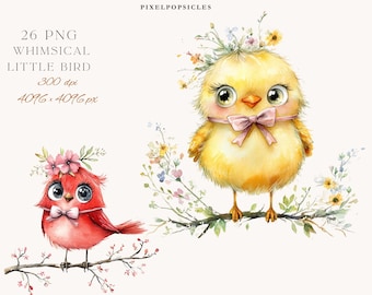 Whimsical Bird Clipart PNG Bundle, Nursery Spring Graphics (Digital Download)