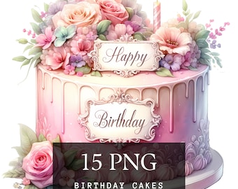 Beautiful Birthday Cake Clipart | 15 High-Quality PNG | Celebration Art | Party Decor | Digital Downloads | Commercial Use