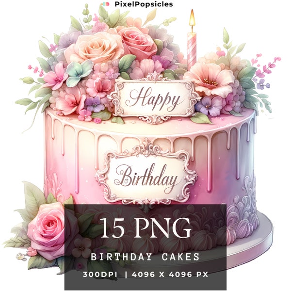 Beautiful Birthday Cake Clipart | 15 High-Quality PNG | Celebration Art | Party Decor | Digital Downloads | Commercial Use