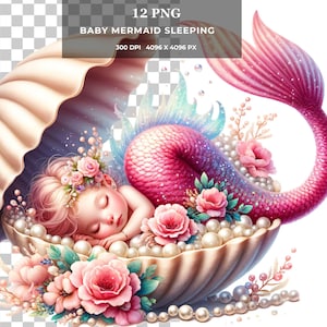 Clipart di sirena addormentata - Carino acquerello oceano fantasy PNG, adorabile arte digitale per arredamento della cameretta, biglietti, sublimazione e POD