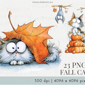 Può includere: Illustrazione stravagante con un gatto sotto una grande foglia arancione e un altro gatto su zucche. Due pipistrelli sono appesi a un ramo. Il testo "23 PNG FALL CAT" è incluso. L'opera ha un tema autunnale.