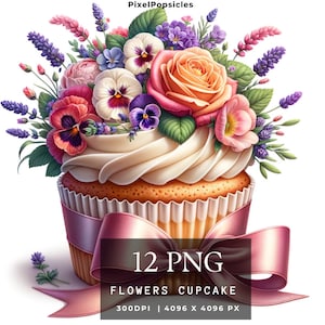 Floral Cupcake Clipart | High-Quality PNG for Junk Journals, Scrapbooks, Planners, Digital Download, Artistic Dessert Illustration