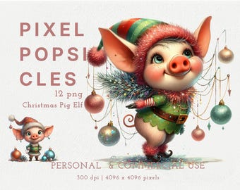 Watercolor Christmas Pig Elf Clipart, Festive Holiday Animal Graphic