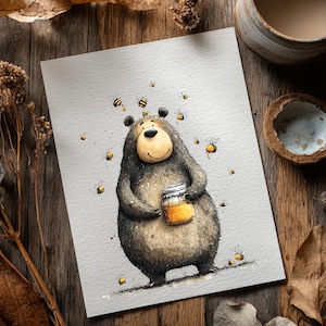 May include: A charming watercolour illustration of a bear clutching a jar of honey, with bees buzzing around. The bear has a friendly face and fluffy fur. The artwork uses soft colours and has a playful theme, perfect for children's decor.