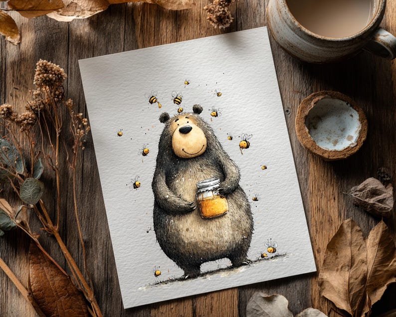 May include: A charming watercolour illustration of a bear clutching a jar of honey, with bees buzzing around. The bear has a friendly face and fluffy fur. The artwork uses soft colours and has a playful theme, perfect for children's decor.