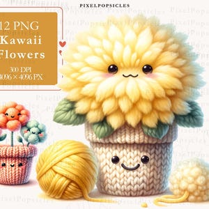 Kawaii bloemen PNG-clipart, gebreide bloemafbeeldingen, commercieel gebruik, digitale download