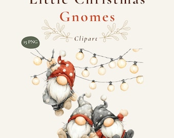 May include: Digital clipart set titled Little Christmas Gnomes featuring 15 PNG files. The illustration shows three gnomes with long white beards wearing polka-dot hats and red or grey clothing, positioned beneath a string of glowing light bulbs.