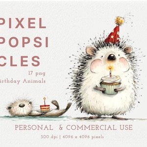Peut inclure: Une illustration numérique montrant un hérisson portant un chapeau de fête rouge et tenant un cupcake avec une bougie allumée, à côté d'une petite loutre allongée avec une part de gâteau. Le texte indique PIXEL POPSICLES 17 png Birthday Animals.