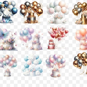 Birthday Cake and Balloons Clipart, Watercolor Celebration PNG Bundle image 4