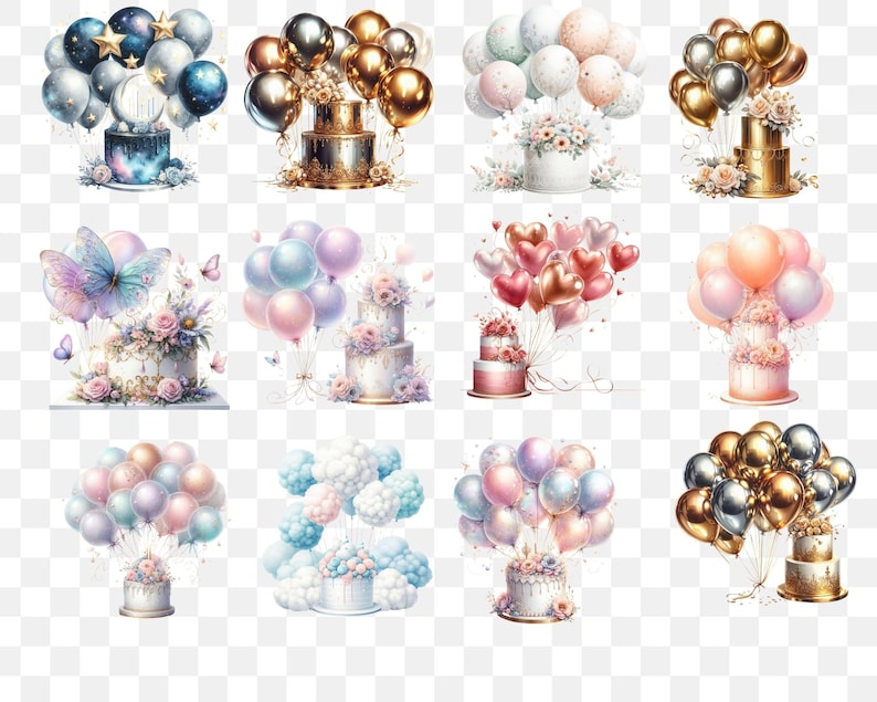 Birthday Cake and Balloons Clipart, Watercolor Celebration PNG Bundle image 4