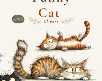 Funny Cat Clipart Bundle | 15 Watercolor Cat PNG | Transparent Background