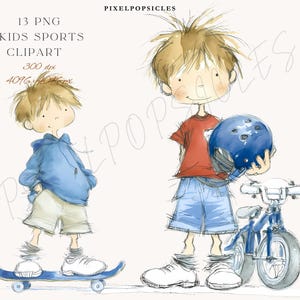 Puede incluir: Ilustración en acuarela de dos niños y equipamiento deportivo. Uno anda en monopatín sobre una tabla azul, el otro sostiene un casco azul y está junto a una bicicleta de equilibrio azul. Incluye el texto "13 PNG KIDS SPORTS CLIPART 300 dpi 4096 x 4096 px".