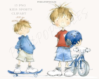 Puede incluir: Ilustración en acuarela de dos niños y equipamiento deportivo. Uno anda en monopatín sobre una tabla azul, el otro sostiene un casco azul y está junto a una bicicleta de equilibrio azul. Incluye el texto "13 PNG KIDS SPORTS CLIPART 300 dpi 4096 x 4096 px".