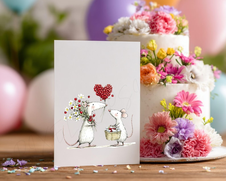 May include: A greeting card featuring two cartoon mice, one holding flowers and the other a basket. A red heart-shaped balloon floats above them. A two-tiered cake decorated with colorful flowers sits in the background.