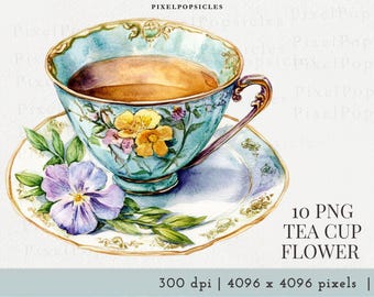 Watercolor Tea Cup Flower Clipart – Vintage Floral Graphics (PNG)
