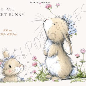 Puede incluir: Ilustración en acuarela de dos conejitos con coronas de flores, rodeados de flores rosas y blancas. El texto "10 PNG SWEET BUNNY" está en la parte superior, con "300 dpi" y "4096 x 4096 px" debajo.