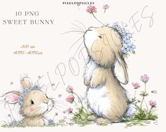 Sweet Bunny Clipart: Whimsical Rabbit 10 PNG Bundle (Digital Download)