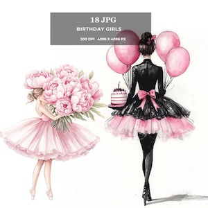Elegante Geburtstag Mädchen Clipart Feier jpg Karten, Party Einladungen, personalisierte Geschenke, Festdekor Sublimation Junk Journal