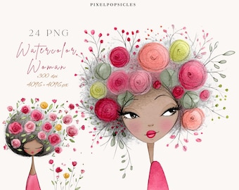 Set di clipart di donna con fiori ad acquerello / 24 volti illustrati in formato PNG per la moda / Stampabile