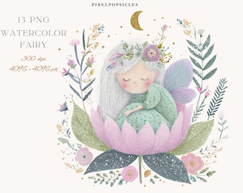 Puede incluir: Ilustración en acuarela de un hada con cabello blanco, vestida con un vestido verde, descansando en una flor rosa. La imagen incluye el texto "13 PNG WATERCOLOR FAIRY" y "4096 x 4096 px". El hada tiene alas moradas y está rodeada de elementos florales.