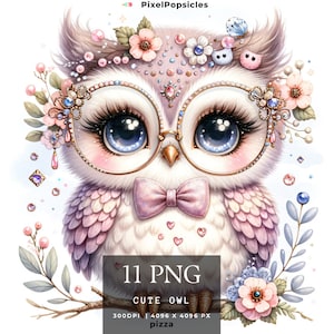 11 süsse Eule Clip Art, Baby Vogel, süsse PNG Mädchen Brille, Kinder Shirt Design, Party Kartenherstellung, Sublimation, Geschenkanhänger, Junk Journal