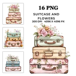 Vintage Suitcase with Flowers Clipart – Whimsical Floral Luggage Illustrations for Cards, Invitations, Decor, Crafts & Digital Projects