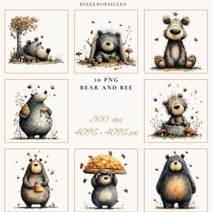 May include: A set of ten charming watercolour illustrations depicting bears and bees. The images show bears in different scenarios, with bees, honeycombs, and autumnal leaves. The text "10 PNG BEAR AND BEE" is visible.