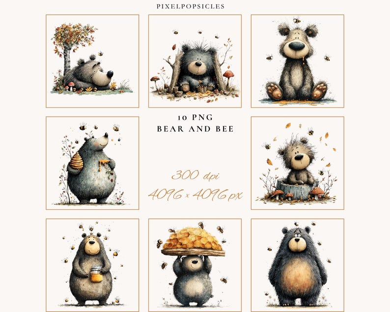 May include: A set of ten charming watercolour illustrations depicting bears and bees. The images show bears in different scenarios, with bees, honeycombs, and autumnal leaves. The text "10 PNG BEAR AND BEE" is visible.