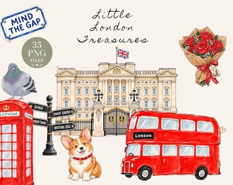 London Clipart Bundle, Watercolor UK PNG, Buckingham Palace, Corgi and British Icons