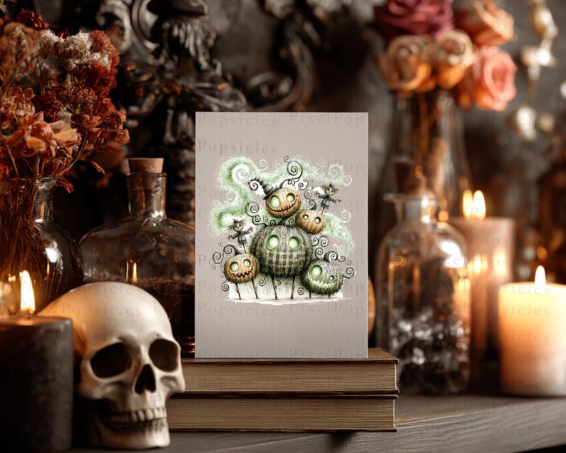 May include: A rectangular greeting card featuring a whimsical illustration of five glowing, textured pumpkins with swirling green smoke and small stick figures. The pumpkins have carved, illuminated faces and are arranged in a cluster on a light background.
