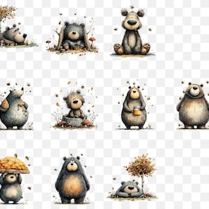 May include: A series of charming illustrations showcasing cartoon bears in different scenarios. The bears are rendered in grey, brown, and beige tones, some holding honeycombs or jars of honey. The illustrations have a soft, watercolour style, with details such as bees and autumn leaves.