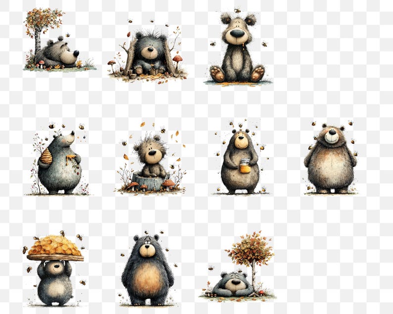 May include: A series of charming illustrations showcasing cartoon bears in different scenarios. The bears are rendered in grey, brown, and beige tones, some holding honeycombs or jars of honey. The illustrations have a soft, watercolour style, with details such as bees and autumn leaves.