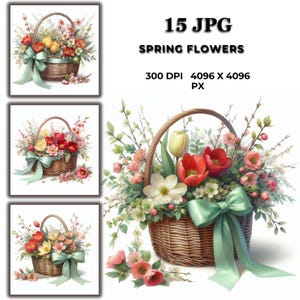 15 Mand met lentebloemen clipart – Grillige aquarel bloemenmand voor kaarten, uitnodigingen, decor, knutselen en digitale projecten