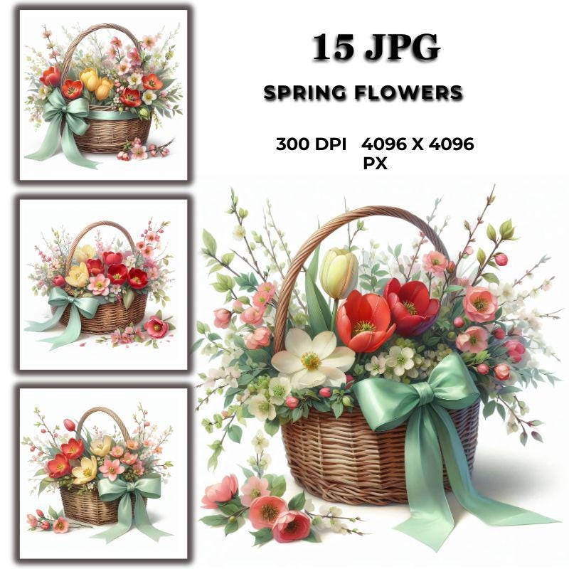水彩画風春の花のクリップアート：花柄バスケットのデザイン - Etsy 日本