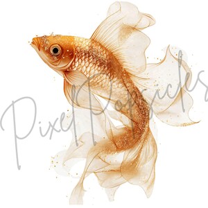 K&ouml;nnte beinhalten: Ein goldener Fisch mit flie&szlig;enden Flossen, im Aquarell-Stil mit schimmerndem, glitzerndem Effekt dargestellt.