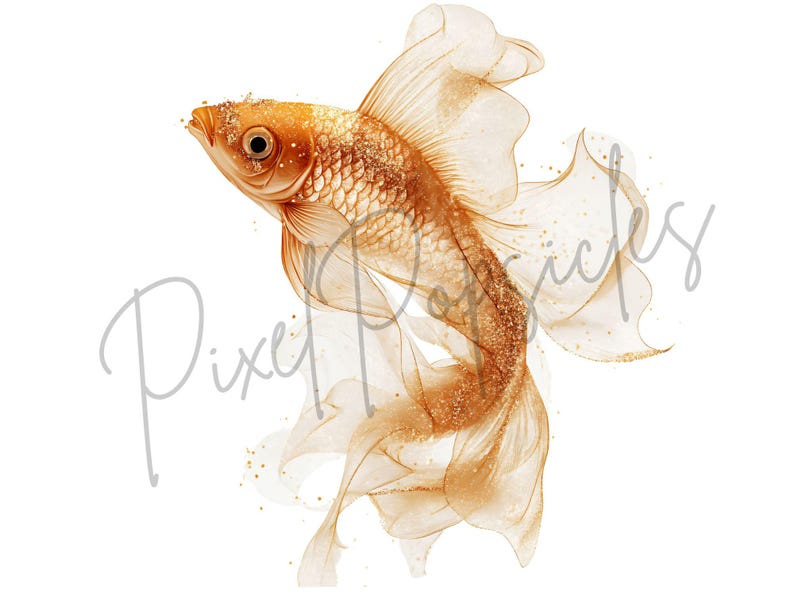 K&ouml;nnte beinhalten: Ein goldener Fisch mit flie&szlig;enden Flossen, im Aquarell-Stil mit schimmerndem, glitzerndem Effekt dargestellt.