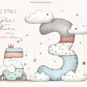 May include: A watercolour illustration featuring the numbers 3 and 5, adorned with clouds, stars, and balloons. The numbers are in pastel shades, with a crown atop the number 5. The text "Pastel Numbers" is visible at the top.