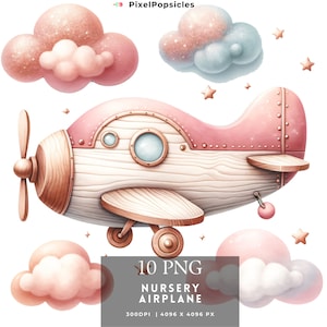 Clipart de acuarela de transporte aéreo, arte de avión neutro para guardería, decoración de habitación de bebé, PNG digital, ilustración de vehículo, uso comercial