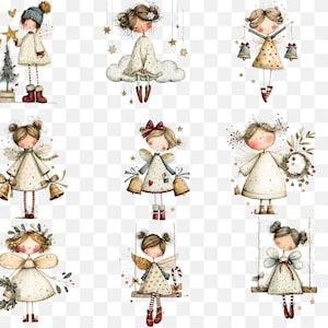 May include: Watercolor illustrations of whimsical angels in various poses. Each angel is depicted with delicate wings, wearing cream-colored dresses with gold accents. Some hold bells, stars, or wreaths, evoking a festive, holiday theme.