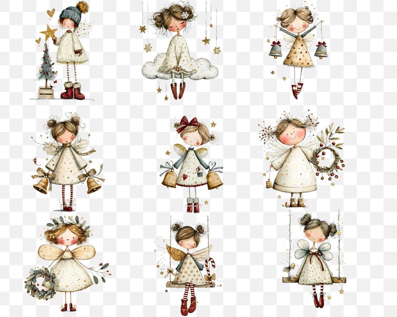 May include: Watercolor illustrations of whimsical angels in various poses. Each angel is depicted with delicate wings, wearing cream-colored dresses with gold accents. Some hold bells, stars, or wreaths, evoking a festive, holiday theme.